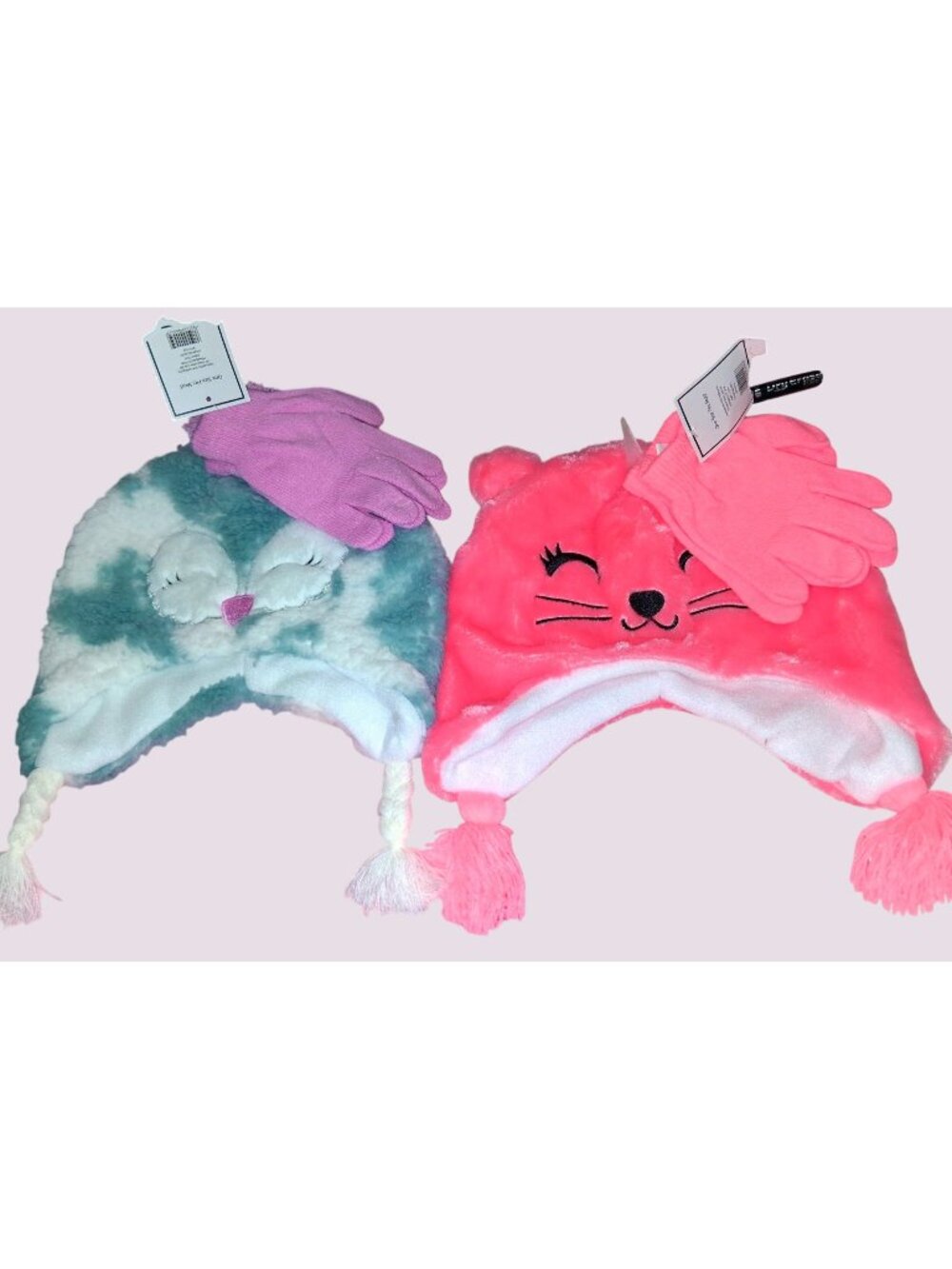 2 Sets Kids Animal Beanie Hats & Gloves Lined So Soft One Size Pink & Green Bran